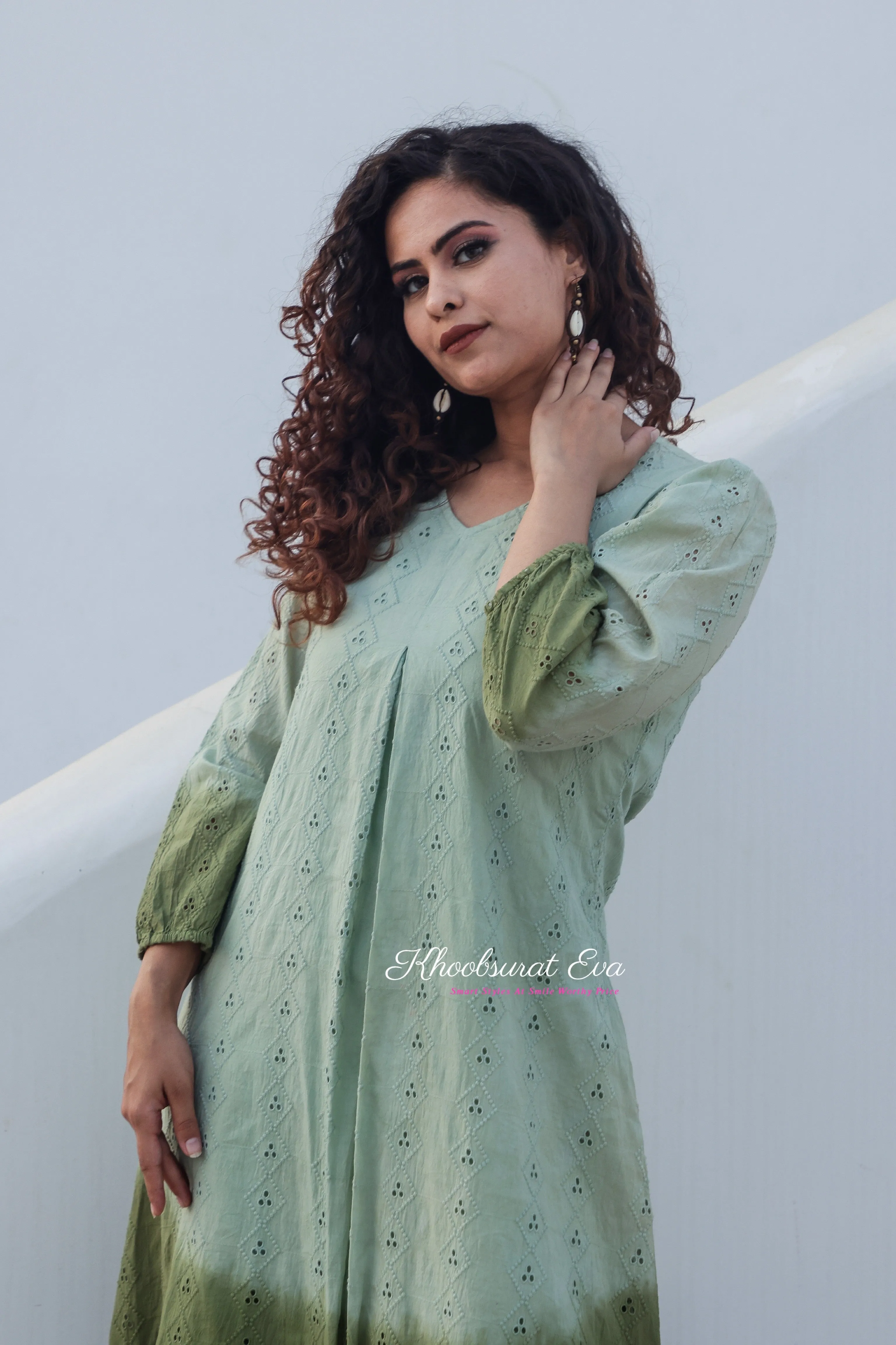 Pista Green Embroidery Ombre Dress