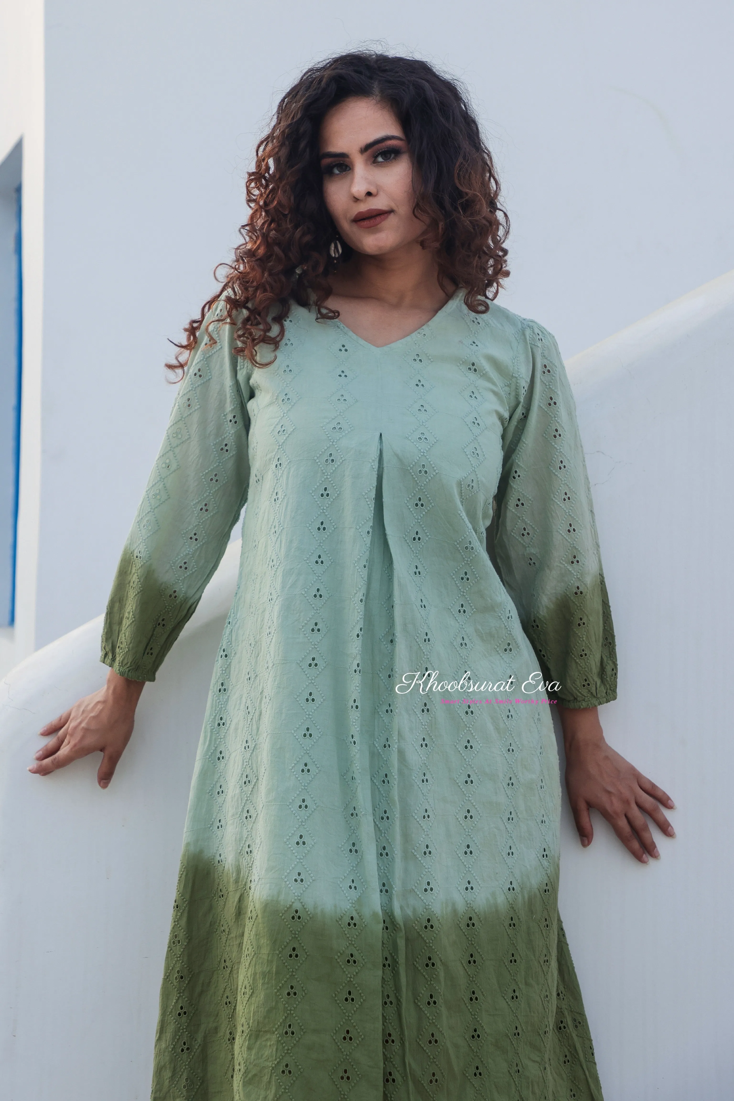 Pista Green Embroidery Ombre Dress