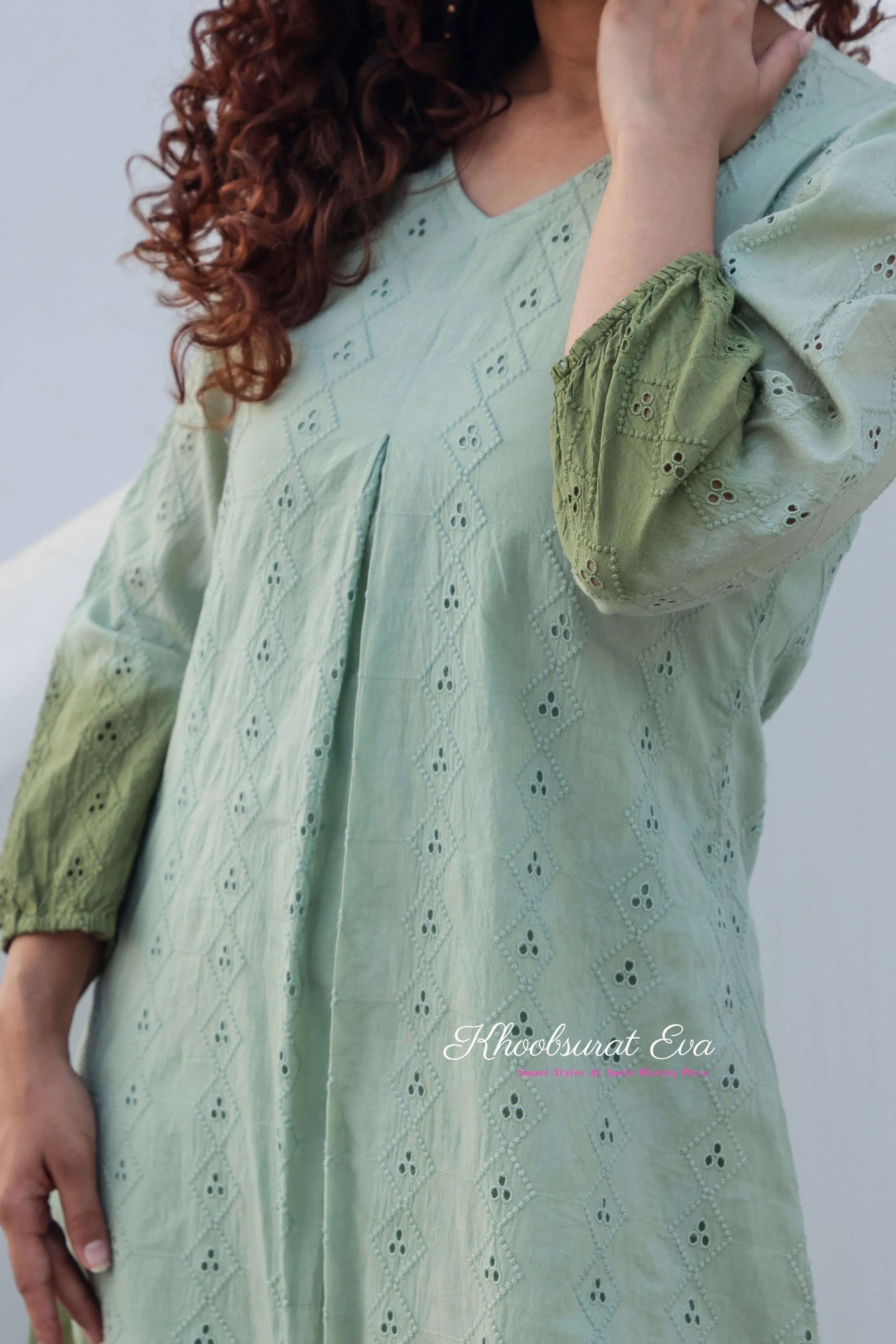 Pista Green Embroidery Ombre Dress