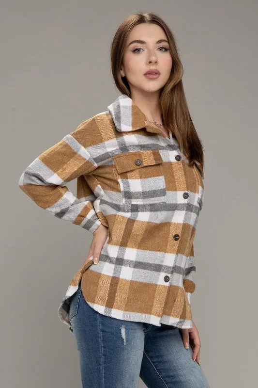 Plaid Flap Pocket Long Sleeve Shacket