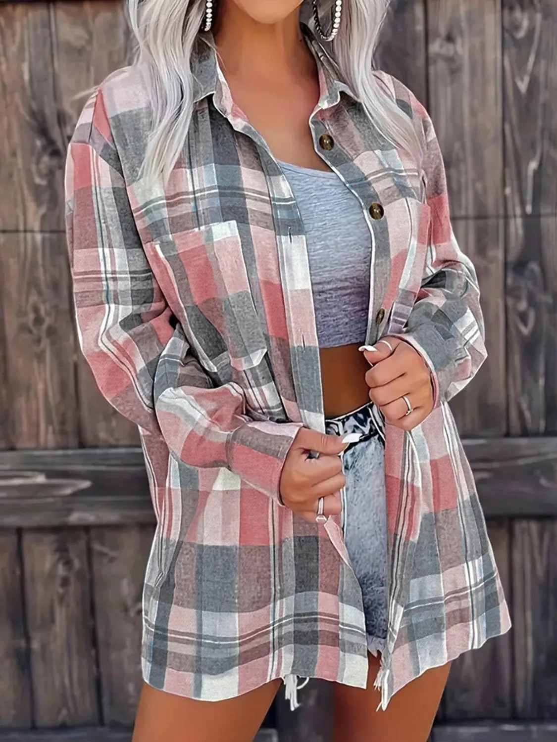 Pocketed Plaid Collared Neck Shacket