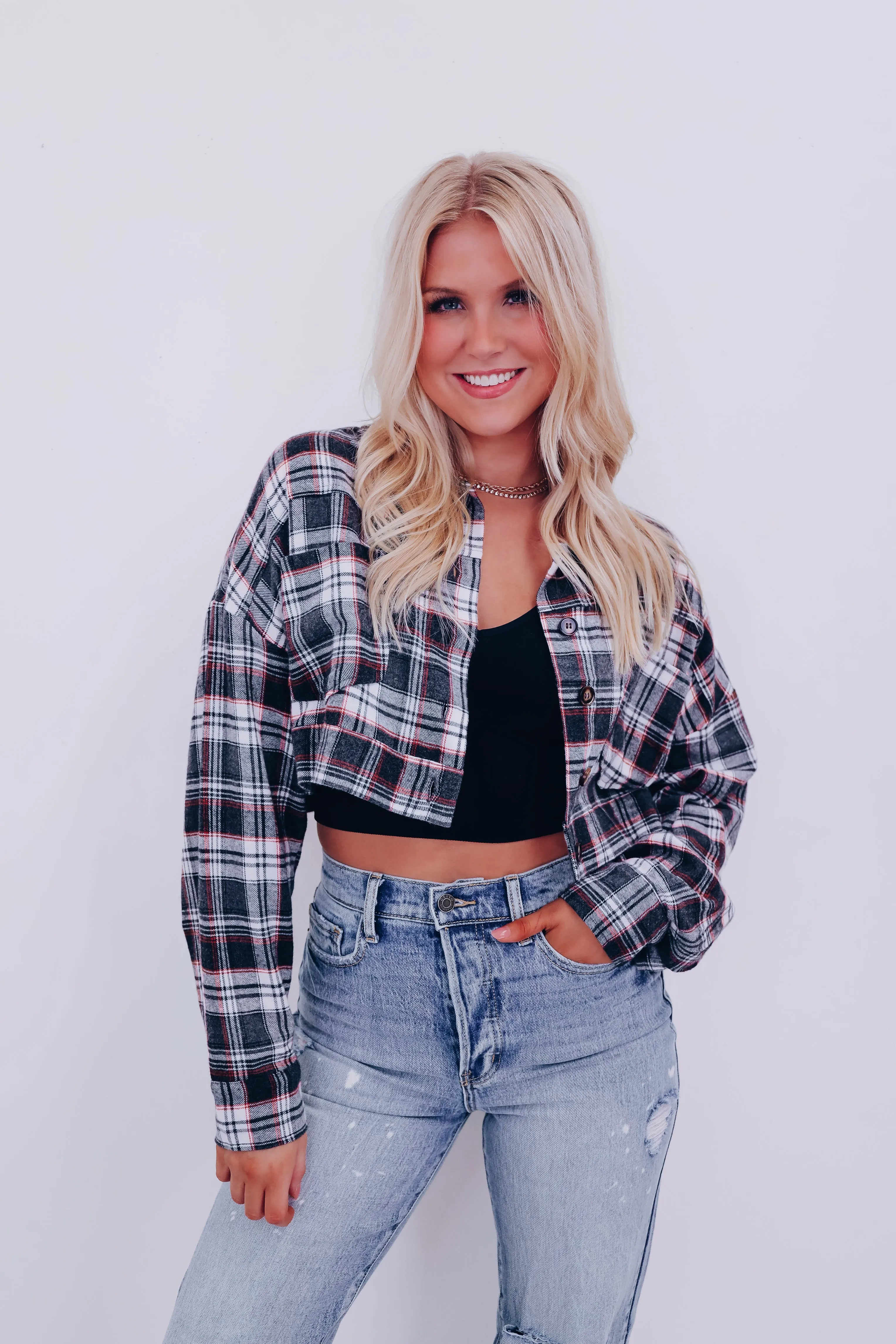 Precious Plaid Cropped Shacket - Grey Combo