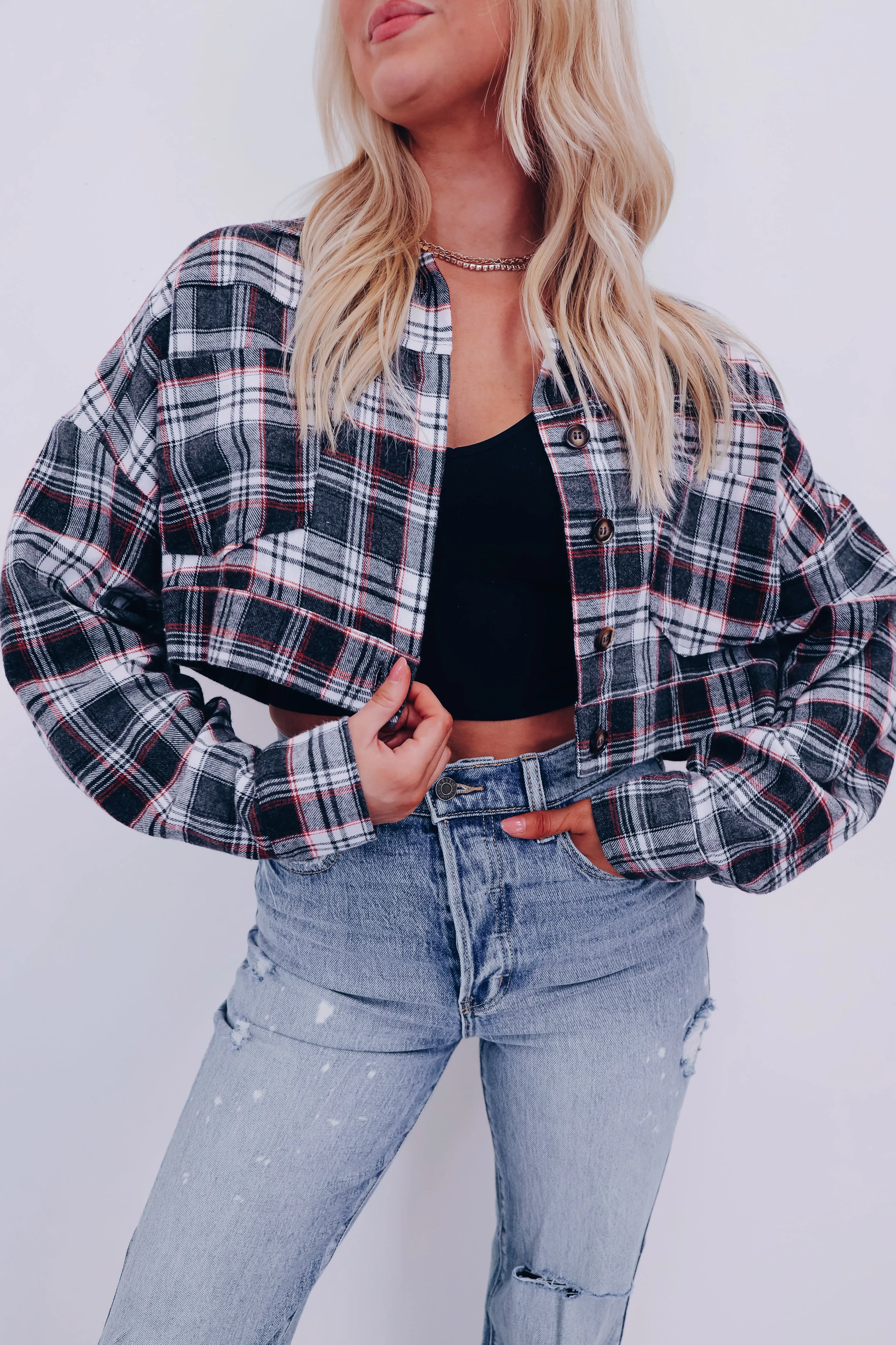 Precious Plaid Cropped Shacket - Grey Combo