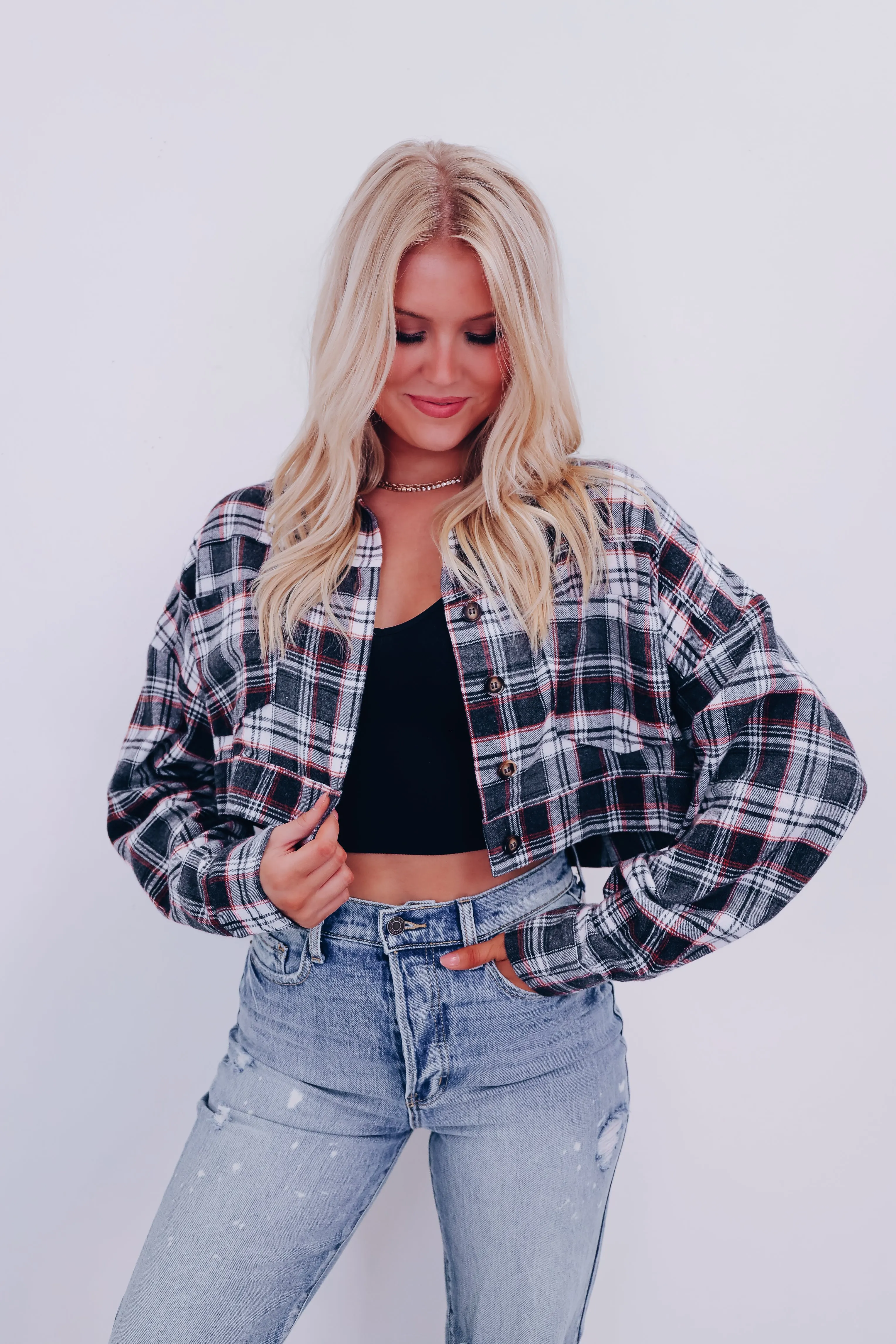 Precious Plaid Cropped Shacket - Grey Combo