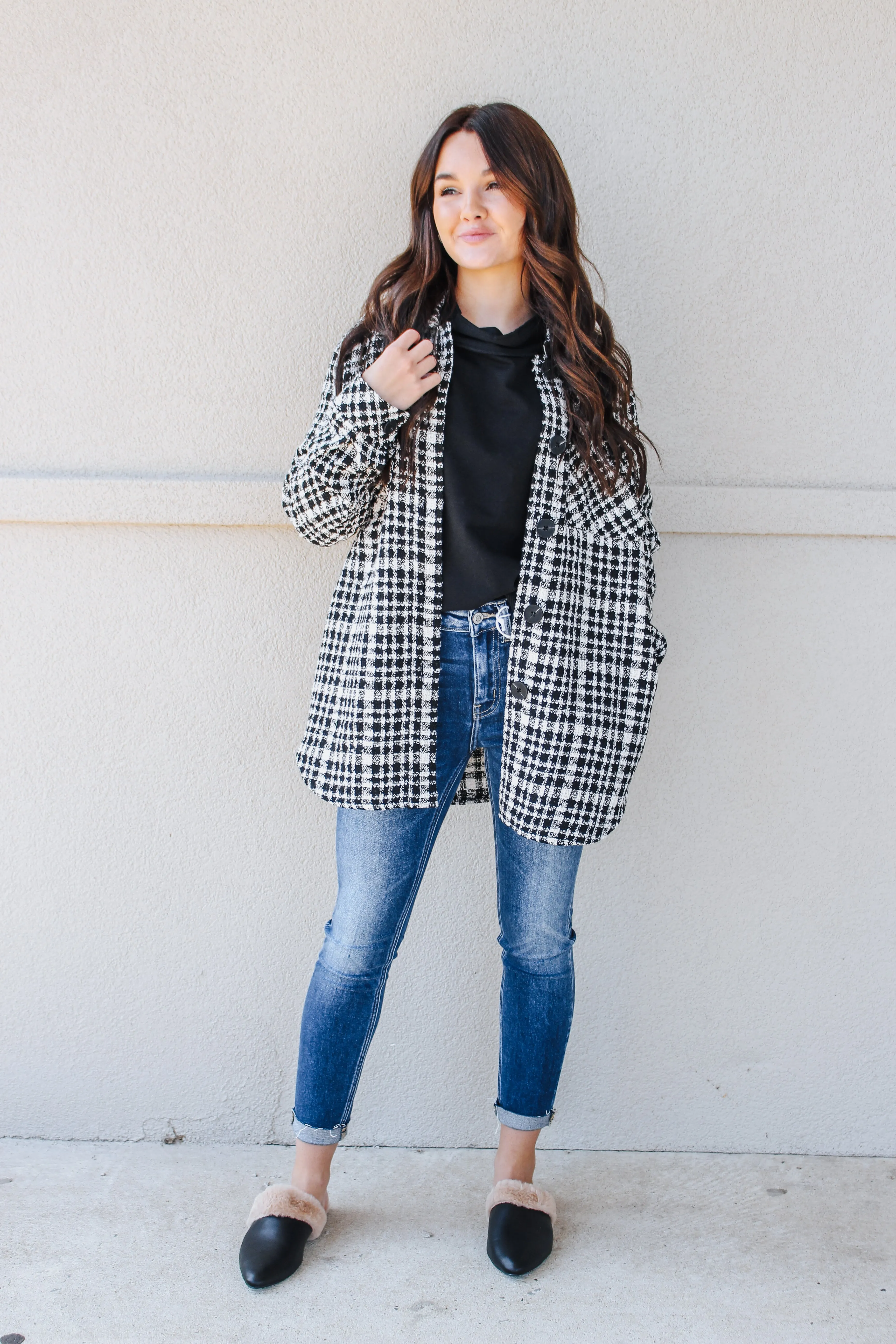 Preppy Plaid White And Black Shacket