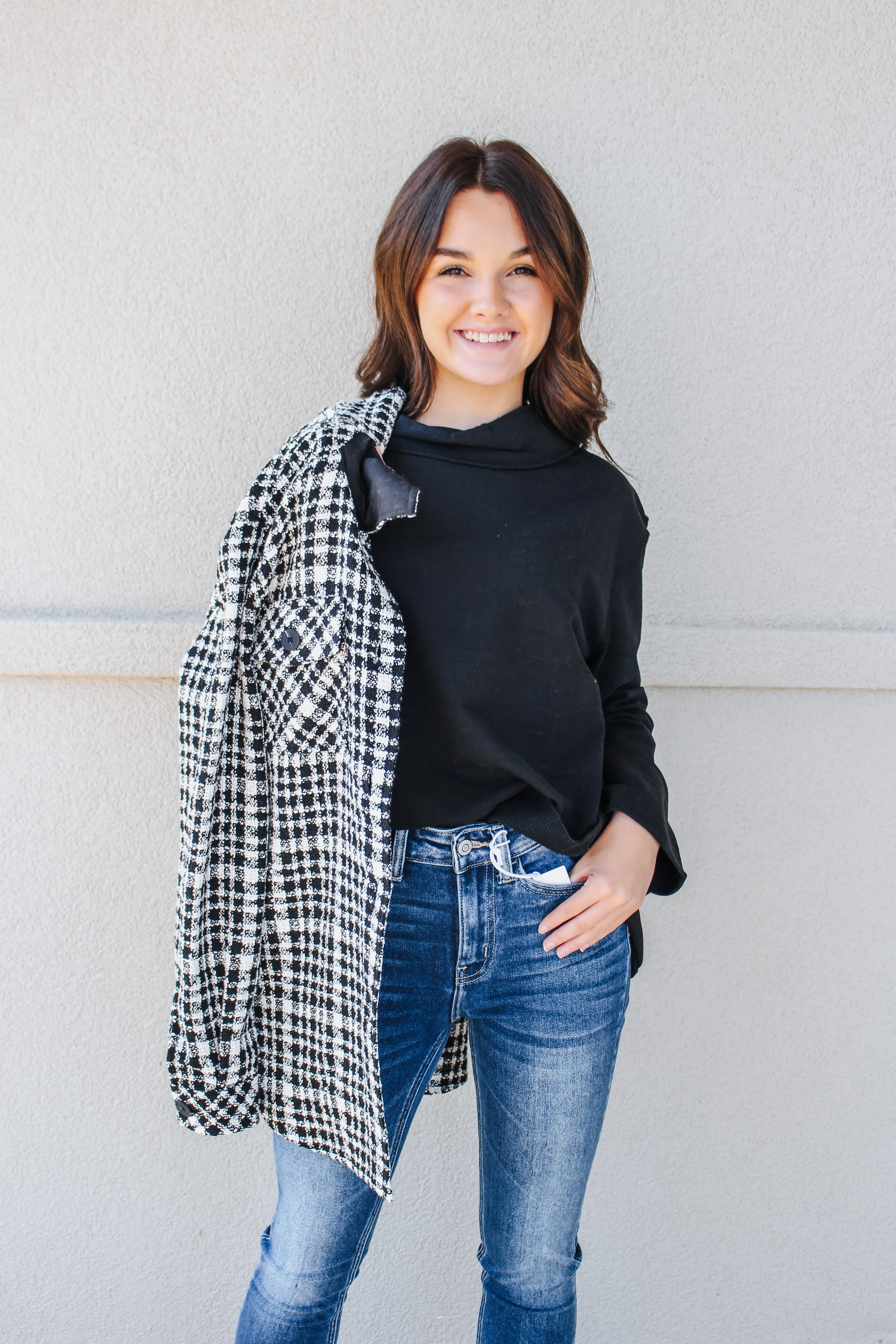 Preppy Plaid White And Black Shacket