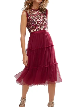 Red Floral Embroidered Tulle Midi Dress