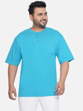 Red Head - Plus Size Men's Regular Fit Pure Cotton Blue Solid Henley Neck Half Sleeve T-Shirt