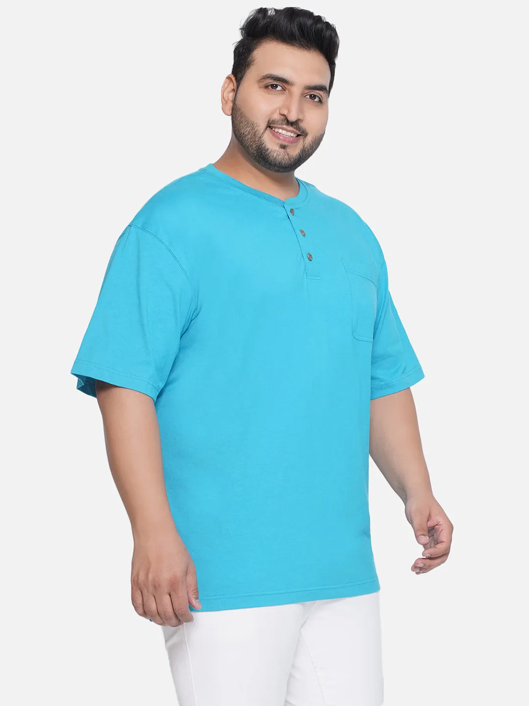 Red Head - Plus Size Men's Regular Fit Pure Cotton Blue Solid Henley Neck Half Sleeve T-Shirt