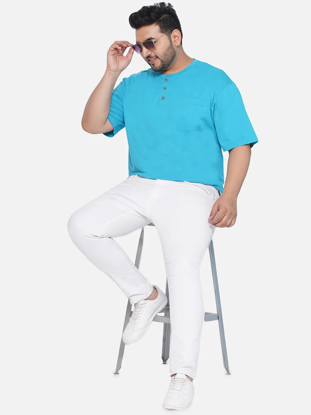 Red Head - Plus Size Men's Regular Fit Pure Cotton Blue Solid Henley Neck Half Sleeve T-Shirt