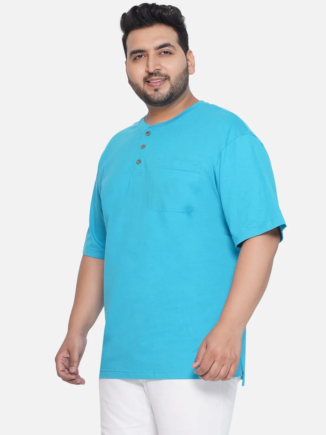 Red Head - Plus Size Men's Regular Fit Pure Cotton Blue Solid Henley Neck Half Sleeve T-Shirt