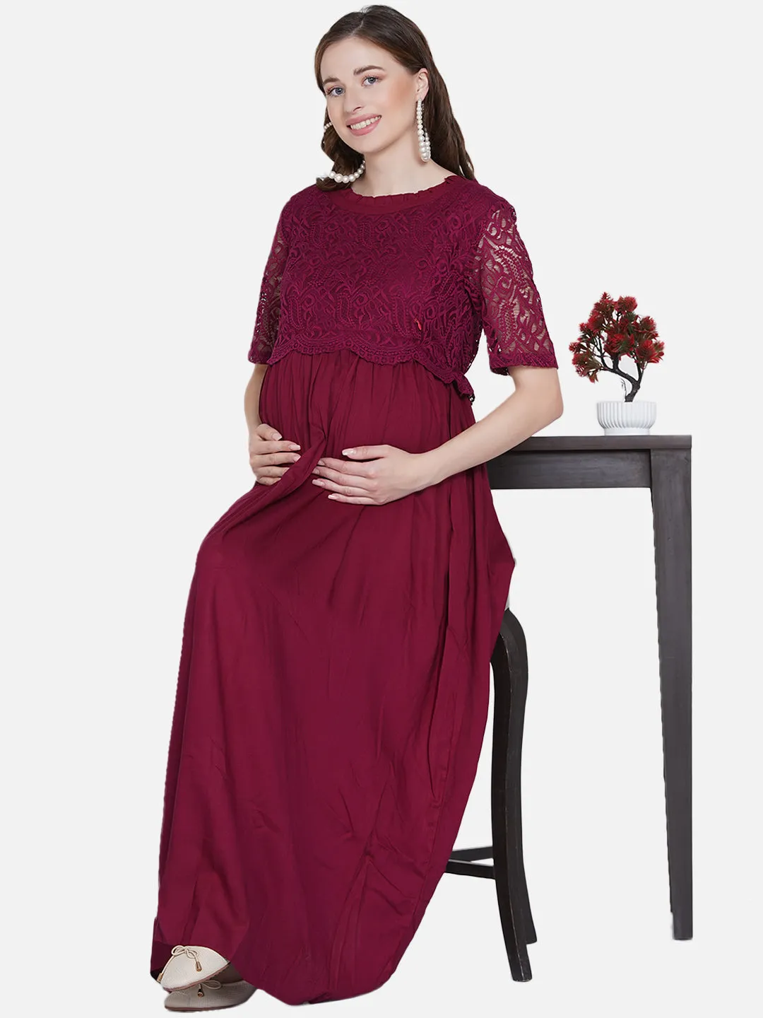 Red Wine Maternity and Nursing Maxi Dress