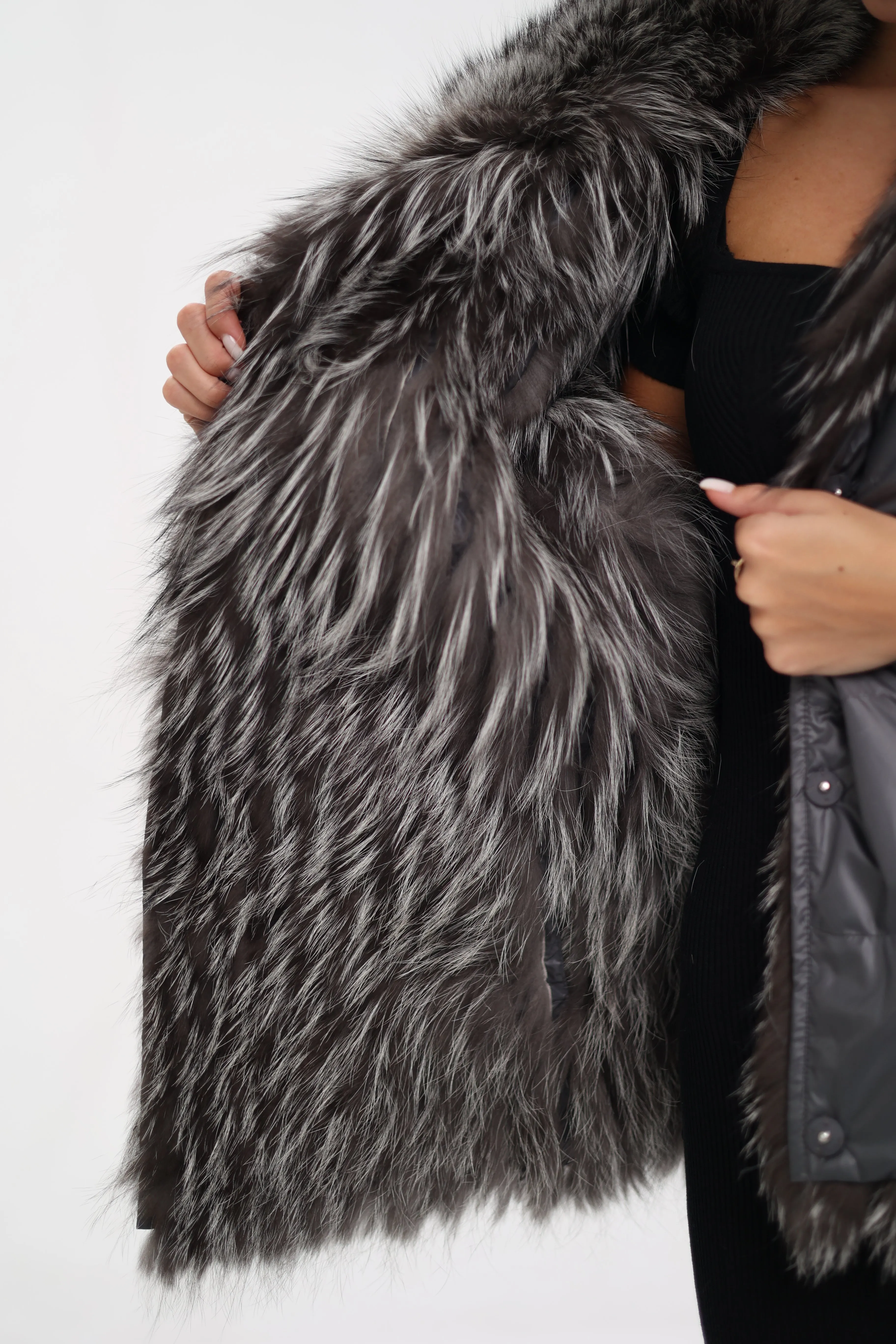 Reversible Genuine Silver Fox  Down Fill Coat