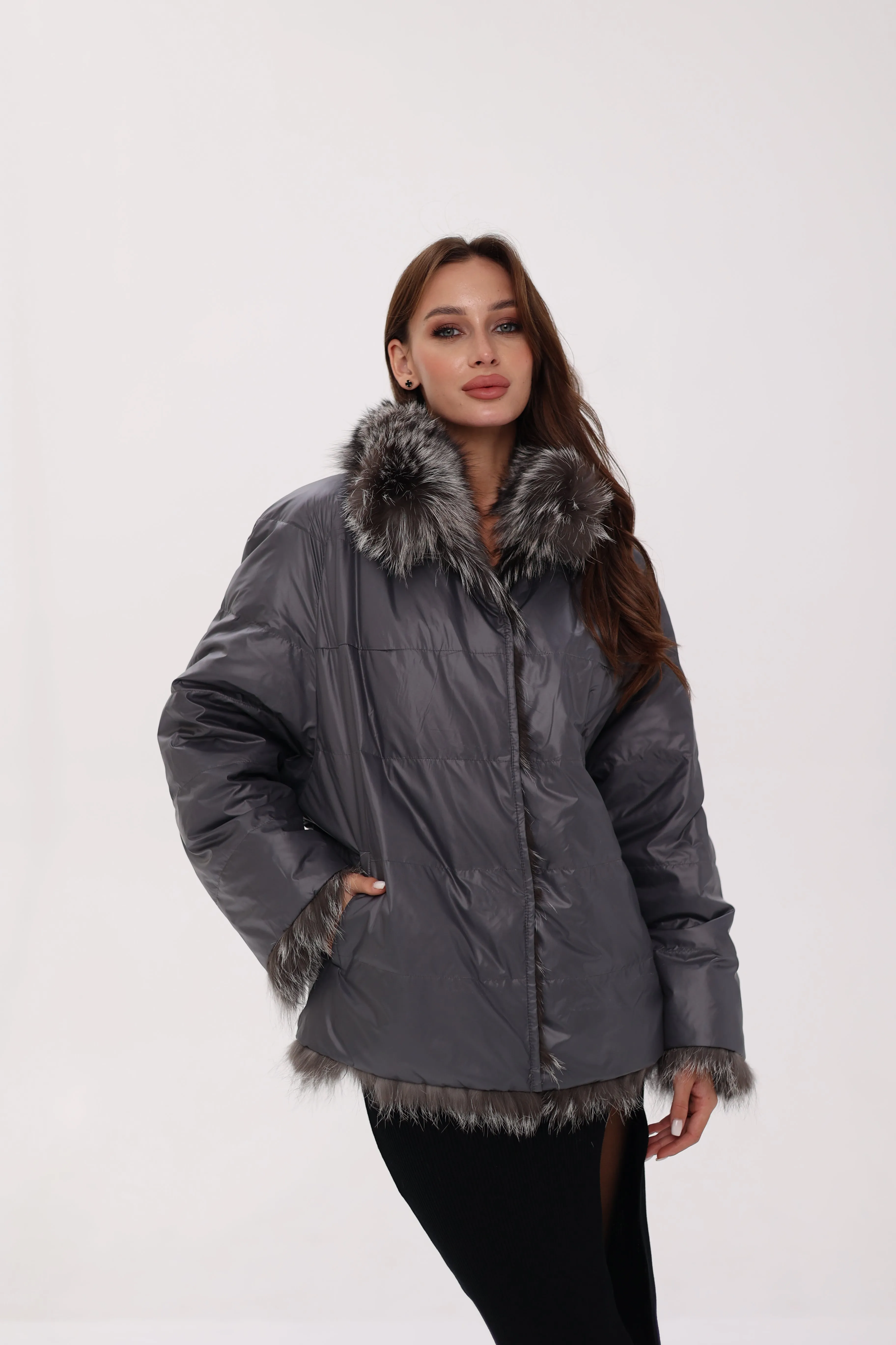 Reversible Genuine Silver Fox  Down Fill Coat