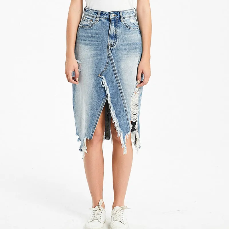 Ripped Denim Women Asymmetrical Pencil Jean Skirt High Split Skirt