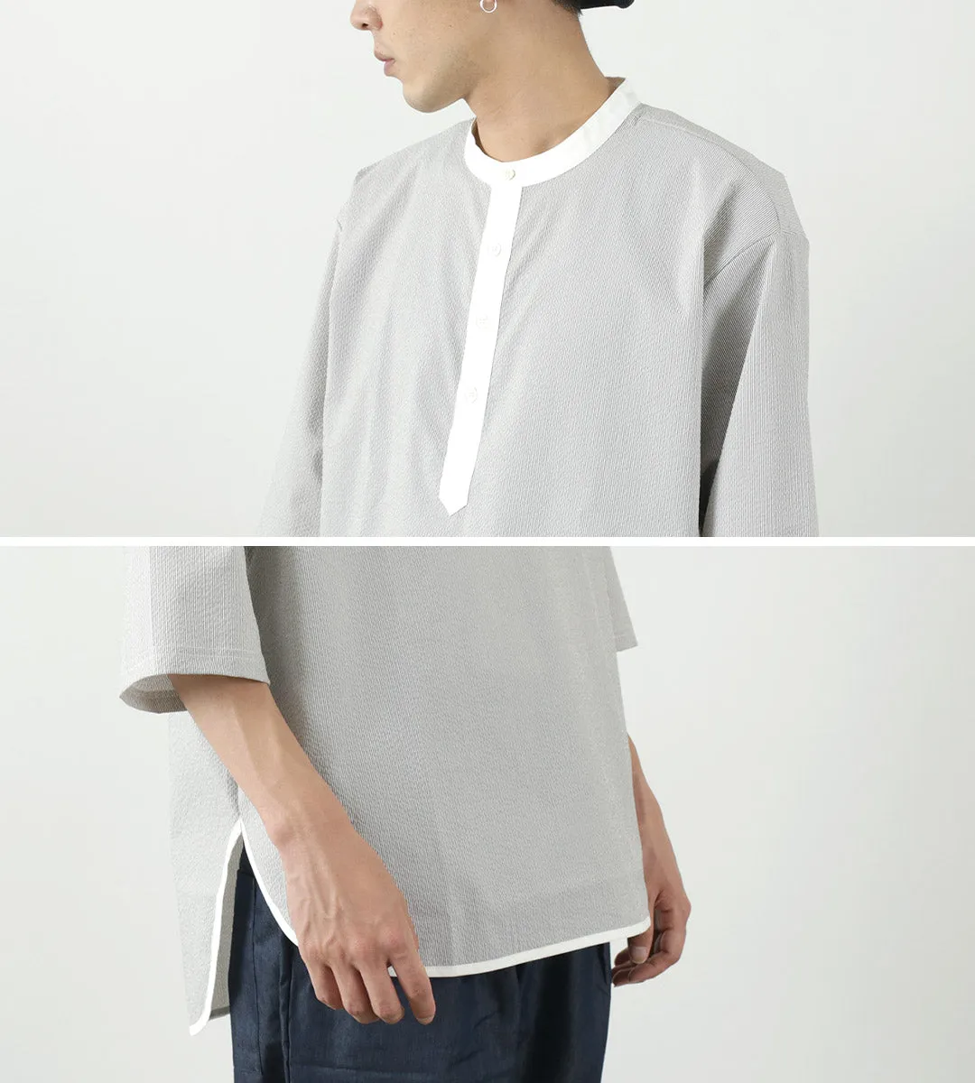 ROCOCO / Woven seersucker henley neck T-shirt