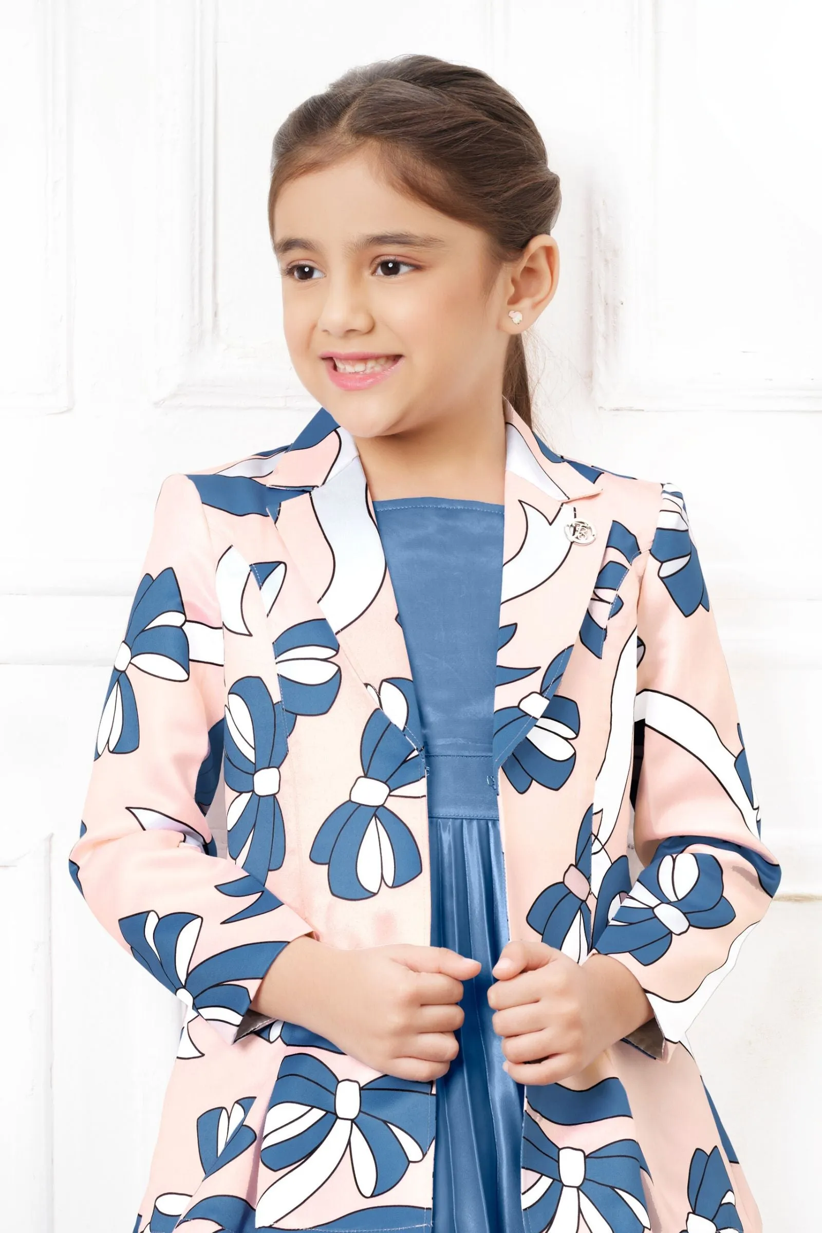 Royal Blue with Peach Printed Overcoat Styled Short Frock For Girls