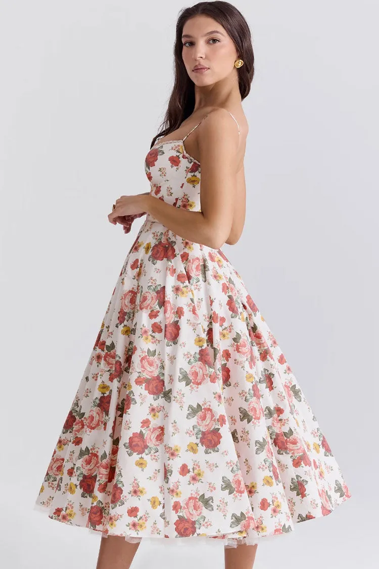 Sexy Floral Corset Bustier Fit & Flare Tulle Pocket Vacation Midi Sundress