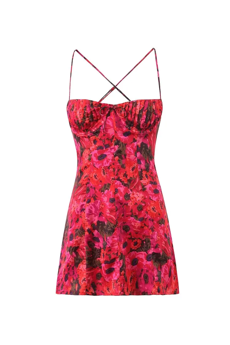 Sexy Floral Print Bow Pleated Bustier Cutout Cami Party Micro Mini Dress