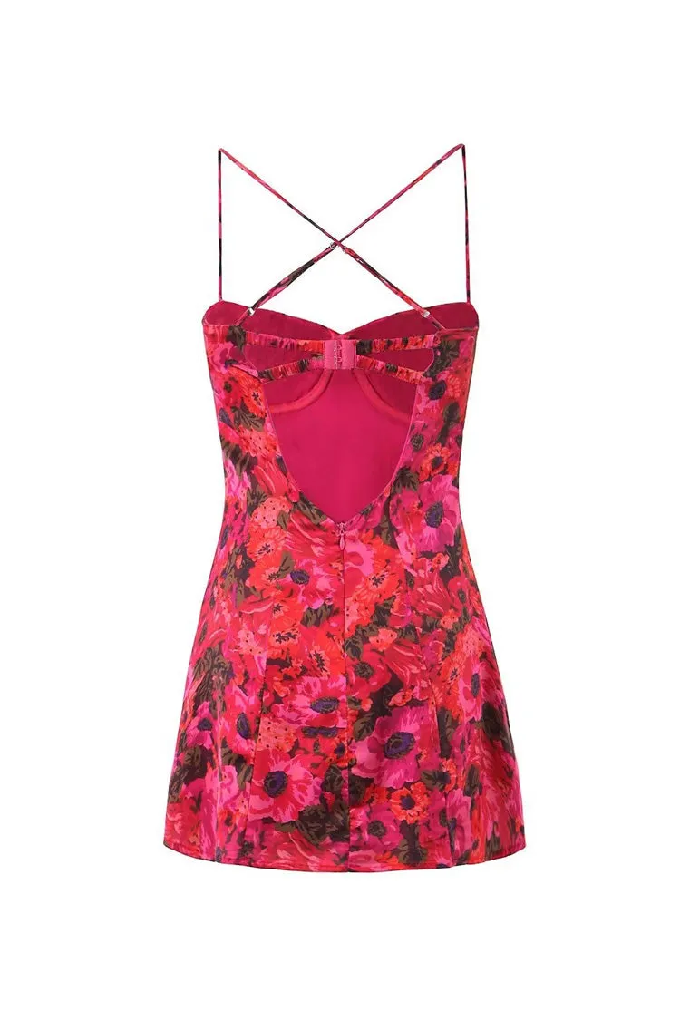 Sexy Floral Print Bow Pleated Bustier Cutout Cami Party Micro Mini Dress