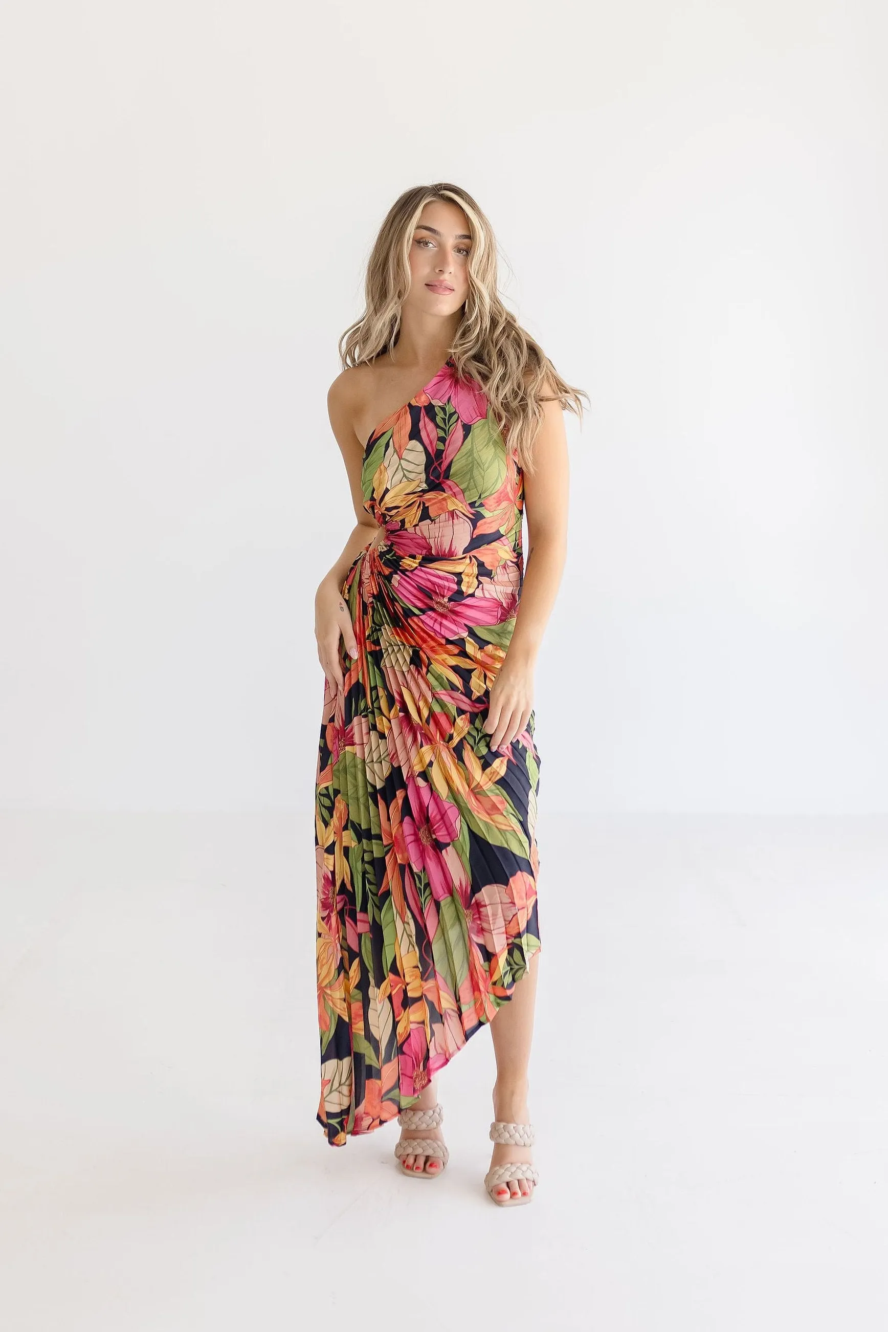 Skye One Shoulder Pleated Floral Maxi Dress Fuchsia