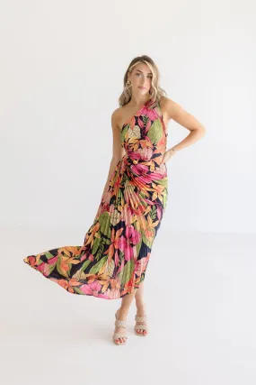 Skye One Shoulder Pleated Floral Maxi Dress Fuchsia