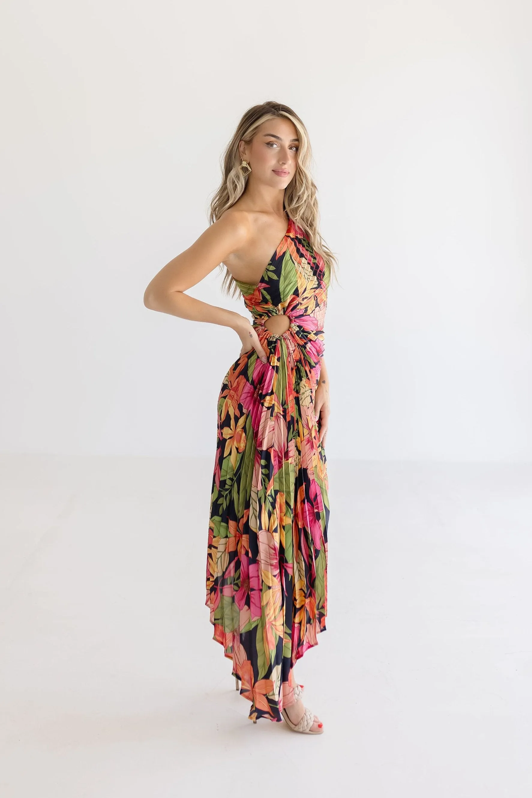 Skye One Shoulder Pleated Floral Maxi Dress Fuchsia