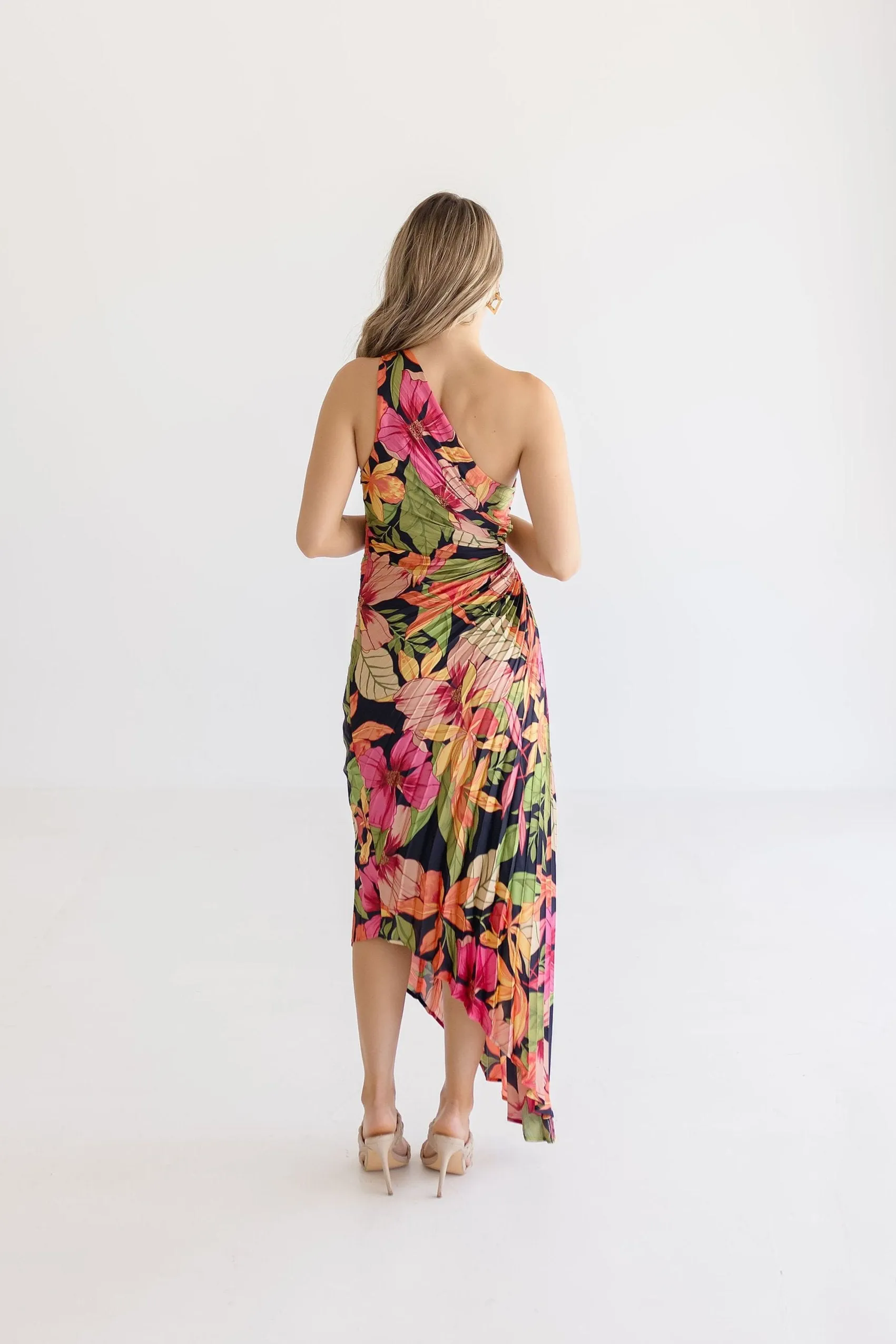 Skye One Shoulder Pleated Floral Maxi Dress Fuchsia