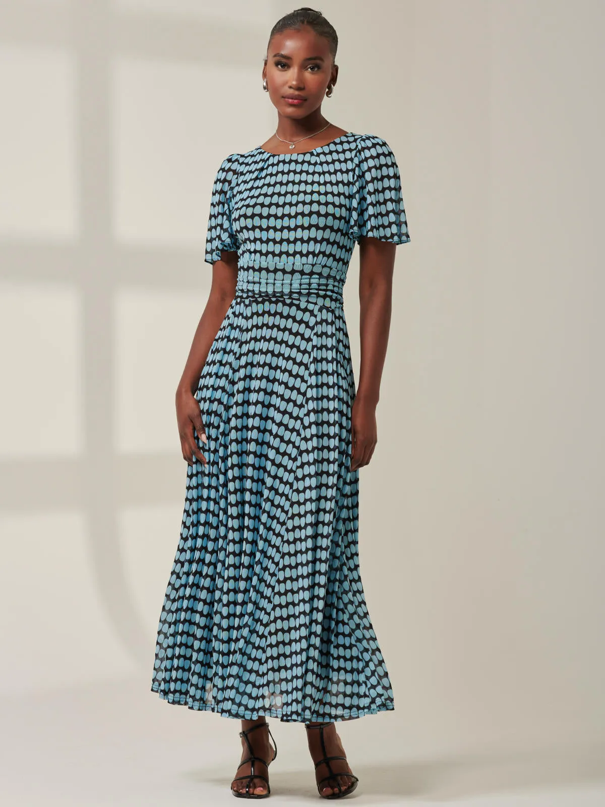 Spot Print Mesh Maxi Dress, Blue Geo