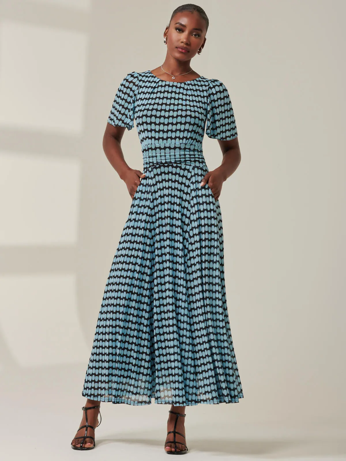 Spot Print Mesh Maxi Dress, Blue Geo