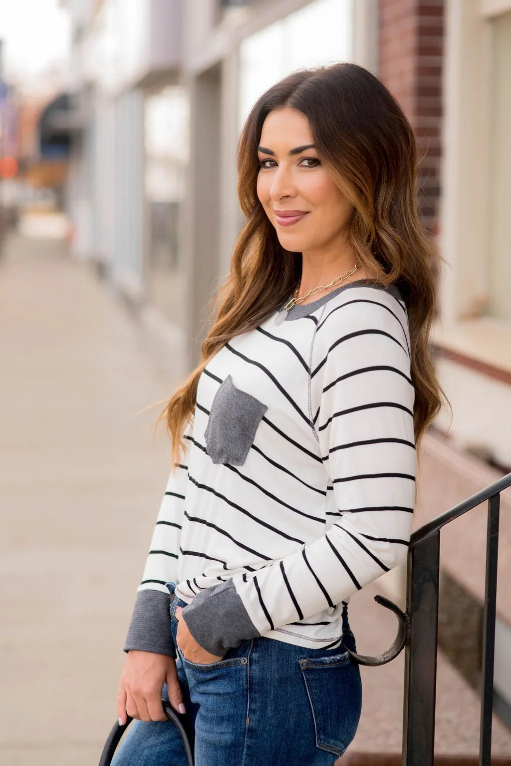 Striped Solid Trim Pocket Tee