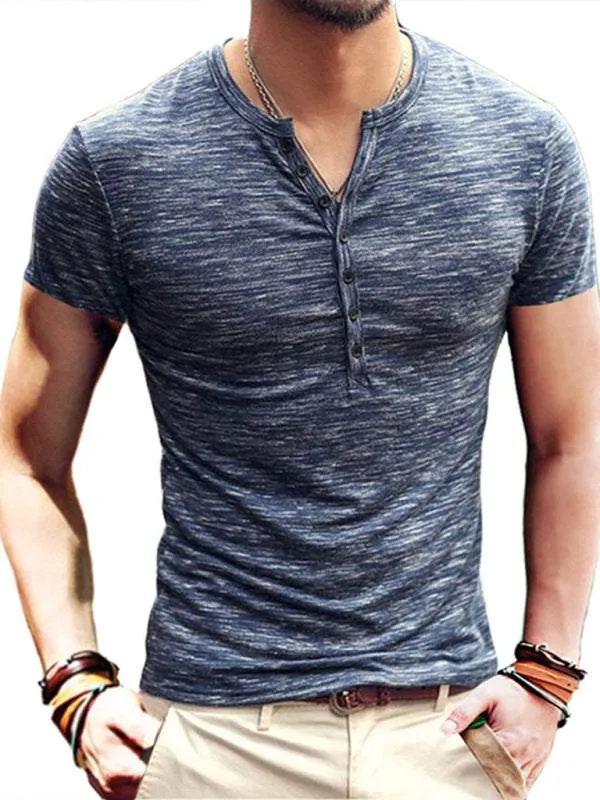 Summer Men's Short Sleeve Men's T-Shirt Henley Collar Slim Fit Men's Clothing