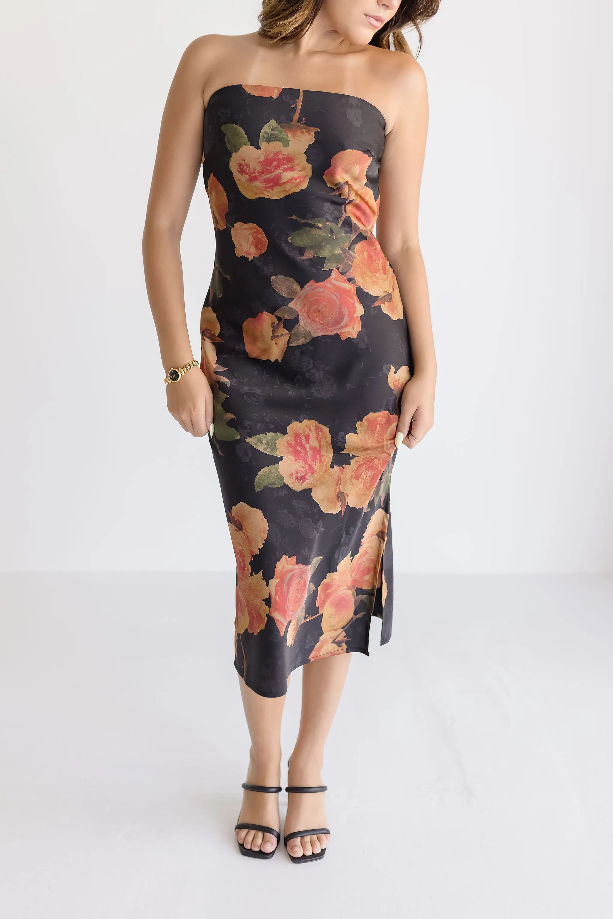 Sylvie Sleeveless Floral Print Tube Maxi Dress Black