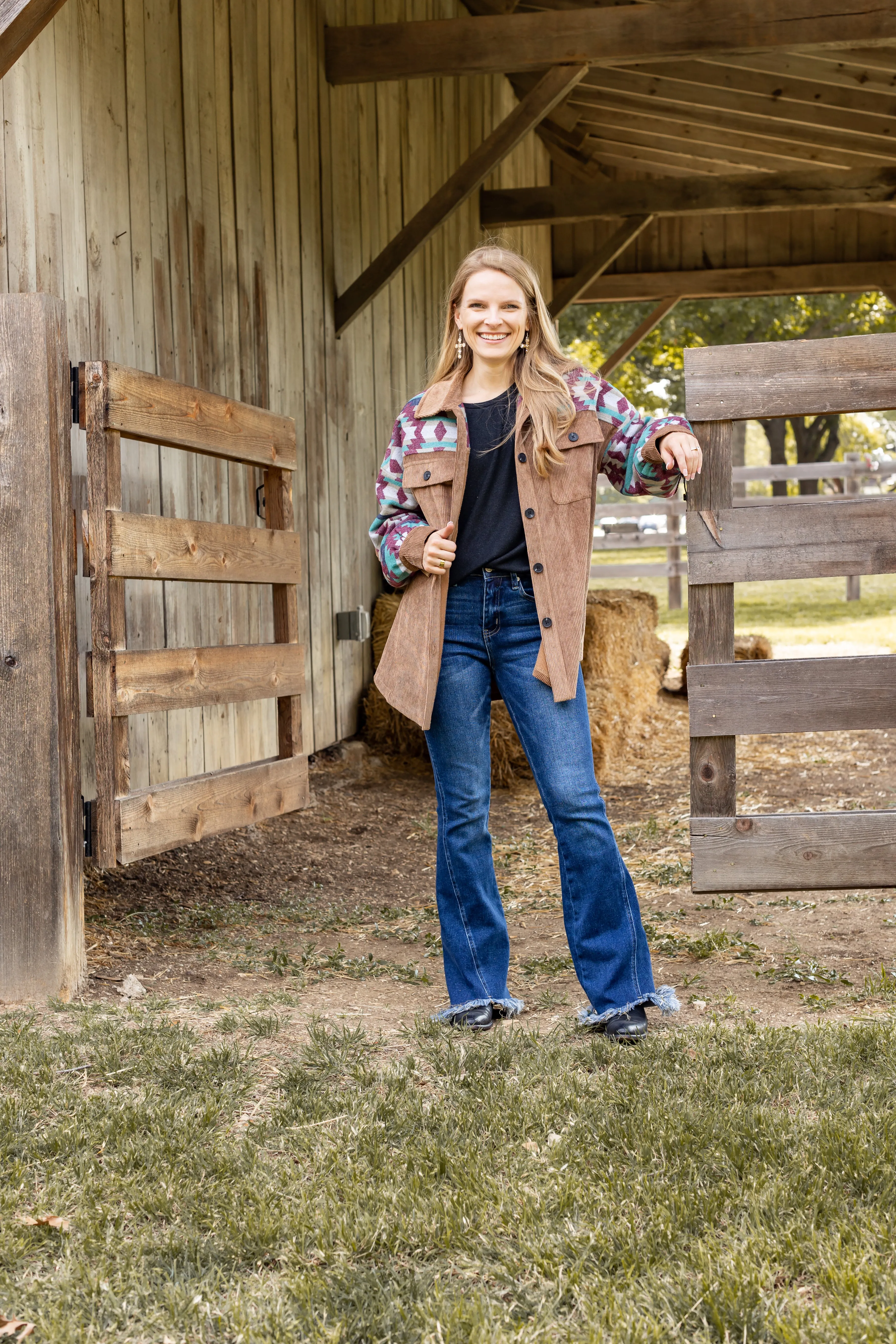 Tan Corduroy Shacket with Aztec Details