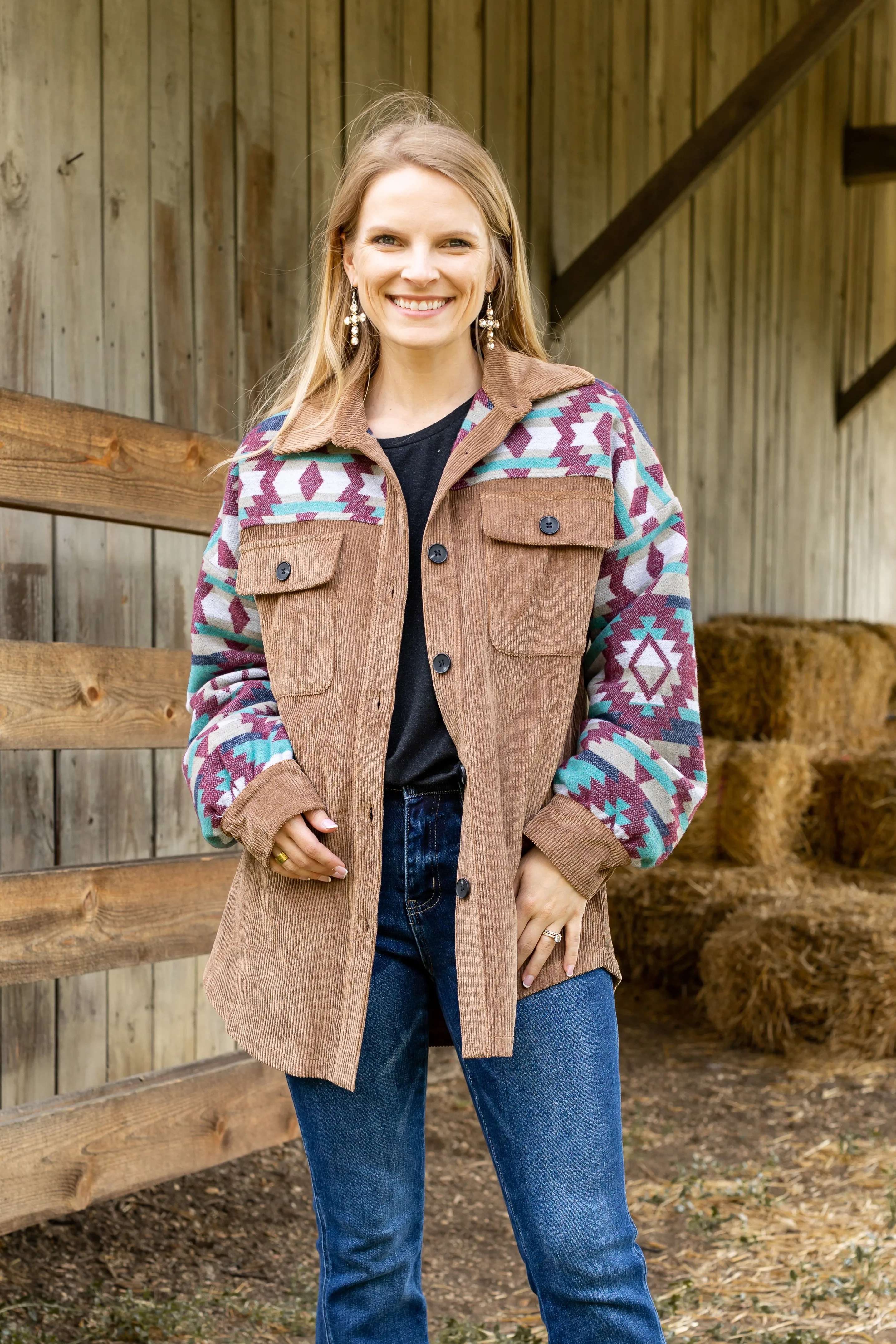 Tan Corduroy Shacket with Aztec Details