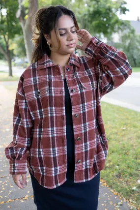 The Camryn Flannel Shacket in Apple Plaid