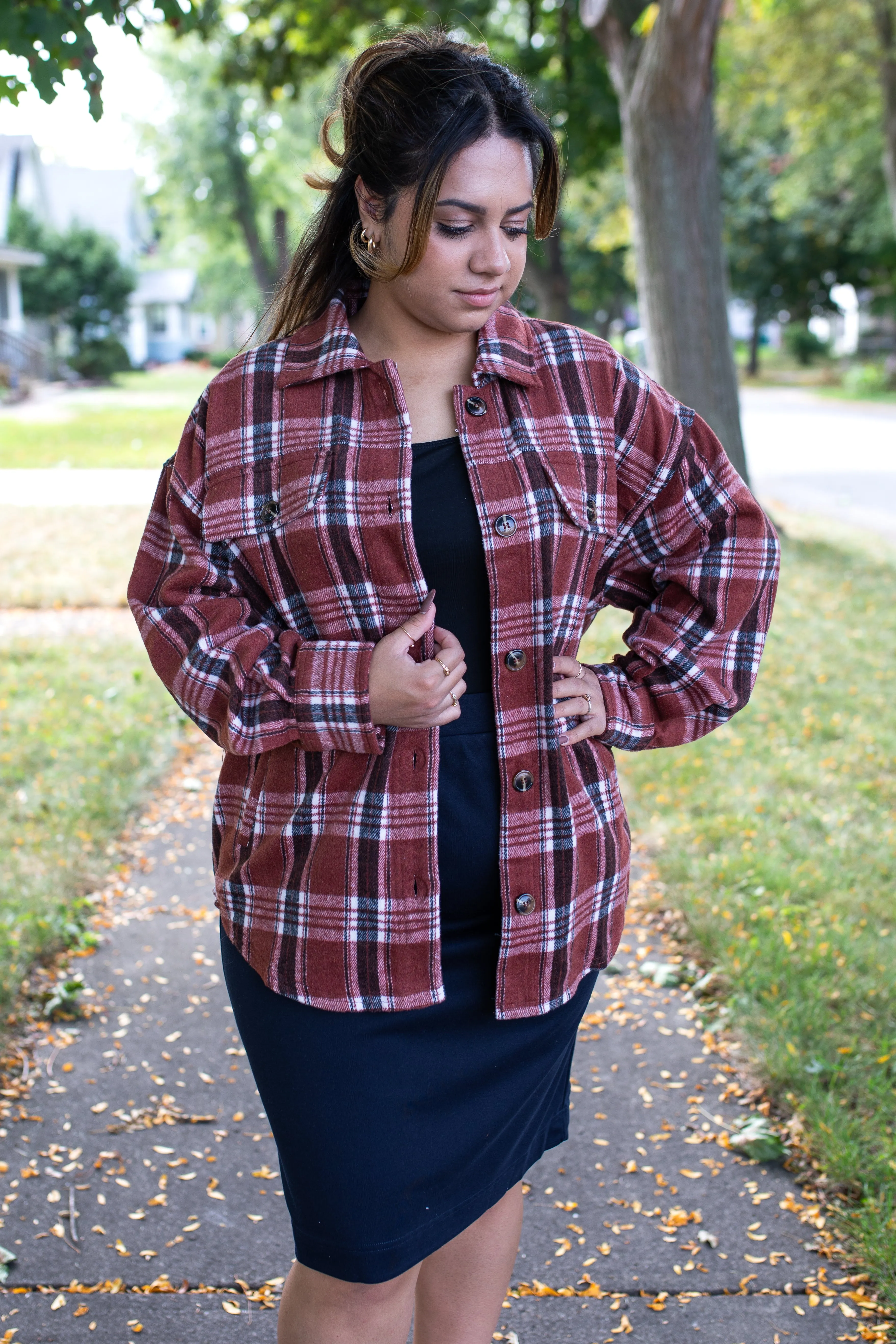 The Camryn Flannel Shacket in Apple Plaid