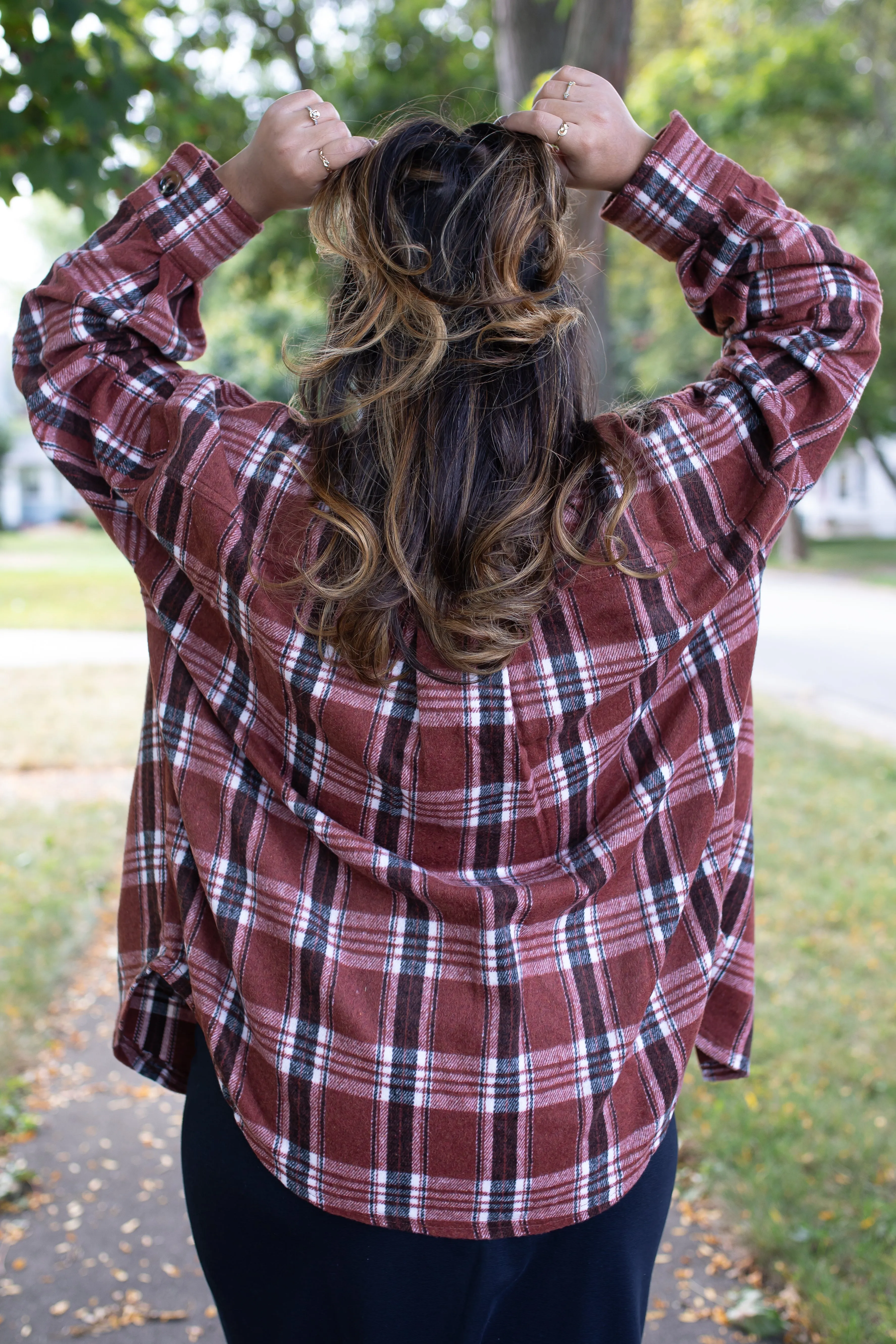 The Camryn Flannel Shacket in Apple Plaid