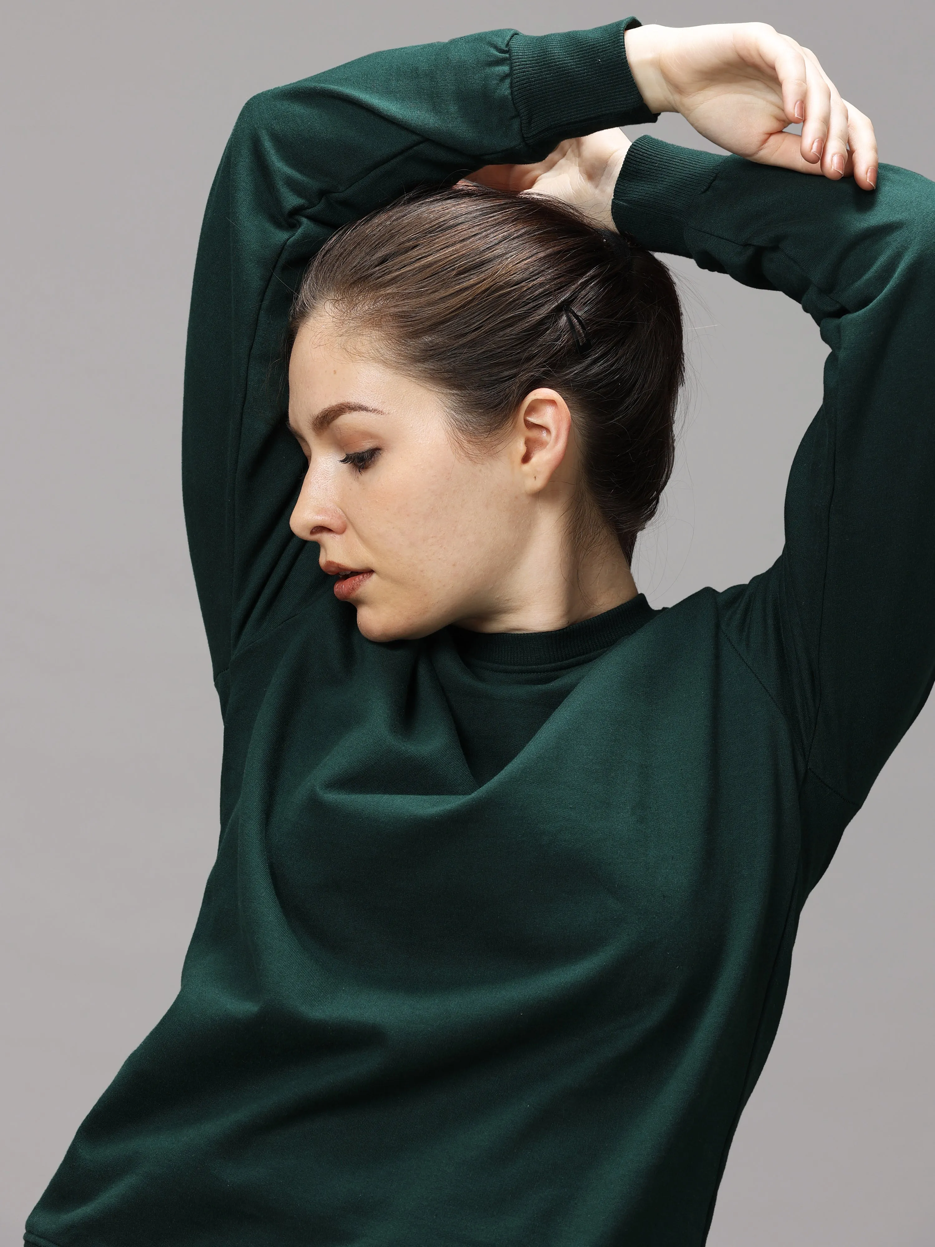 The Greenage Girl Solid Long Dark Green White Sweat Shirt