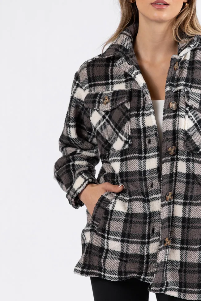 Through The Leaves Black Plaid Sherpa Shacket SALE