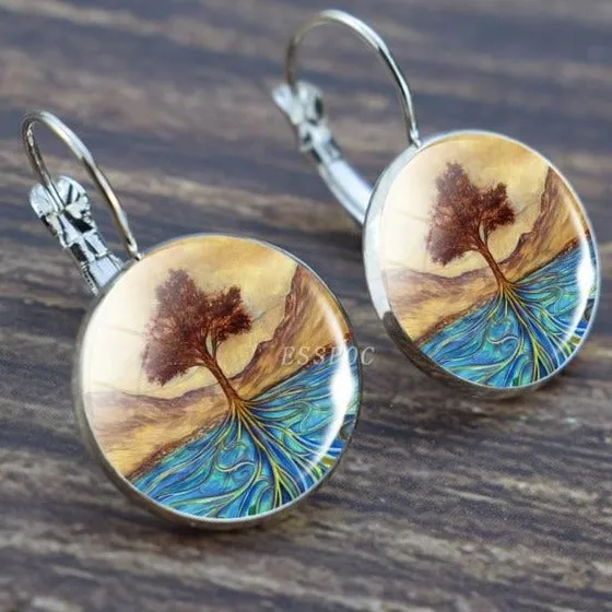 Tree of Life Silver Hoops Earrings Women Everyday Earrings