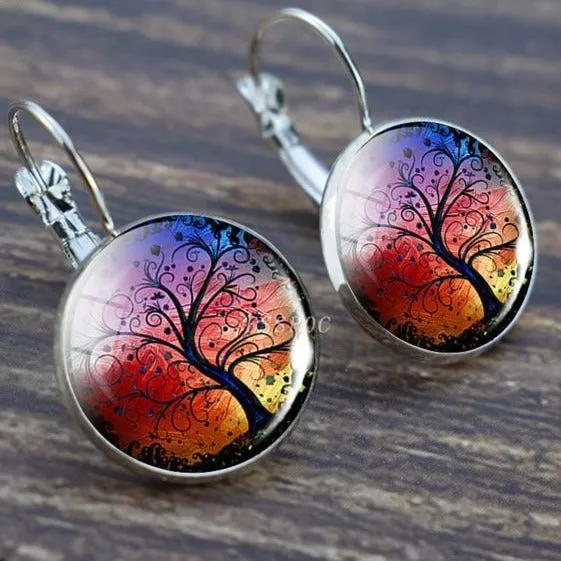 Tree of Life Silver Hoops Earrings Women Everyday Earrings