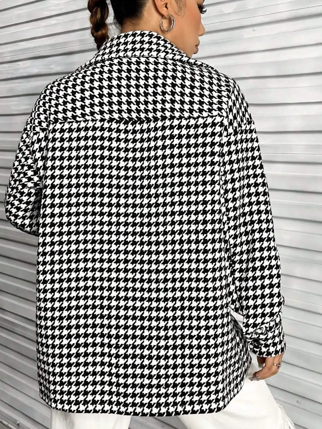 Trendy Houndstooth Button-Up Shacket with Long Sleeves