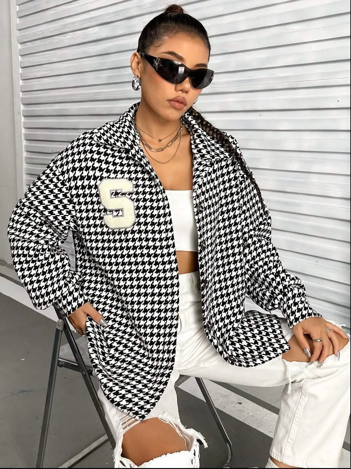 Trendy Houndstooth Button-Up Shacket with Long Sleeves