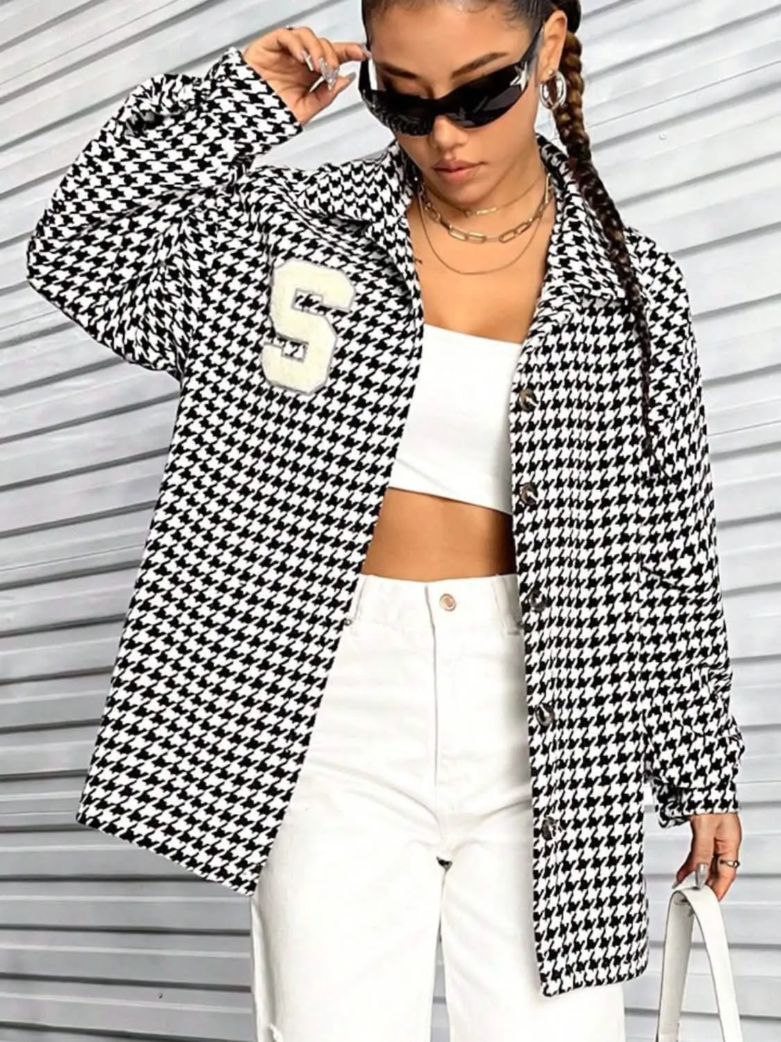 Trendy Houndstooth Button-Up Shacket with Long Sleeves