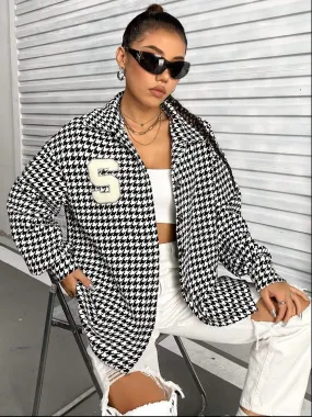 Trendy Houndstooth Button-Up Shacket with Long Sleeves