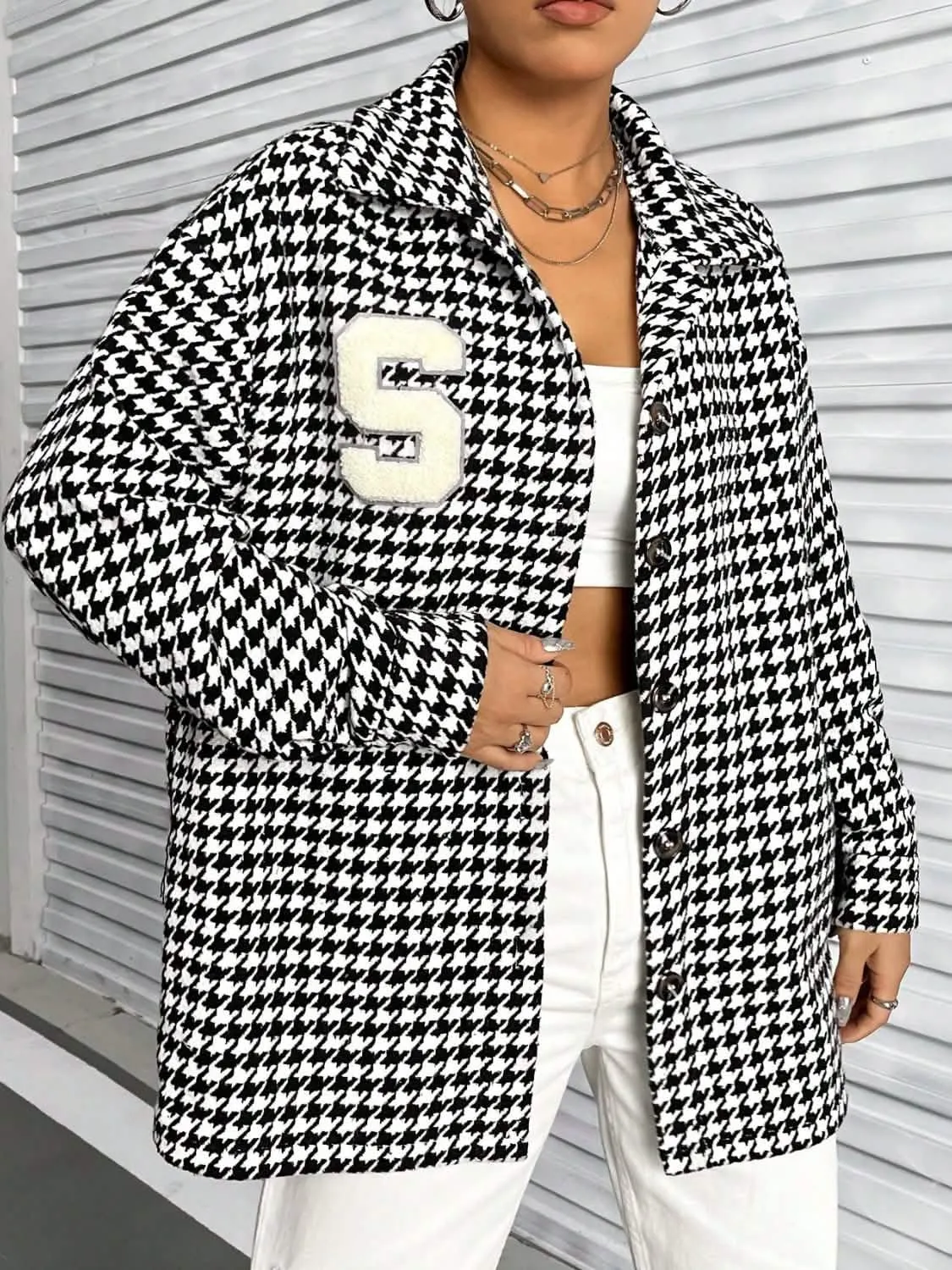 Trendy Houndstooth Button-Up Shacket with Long Sleeves