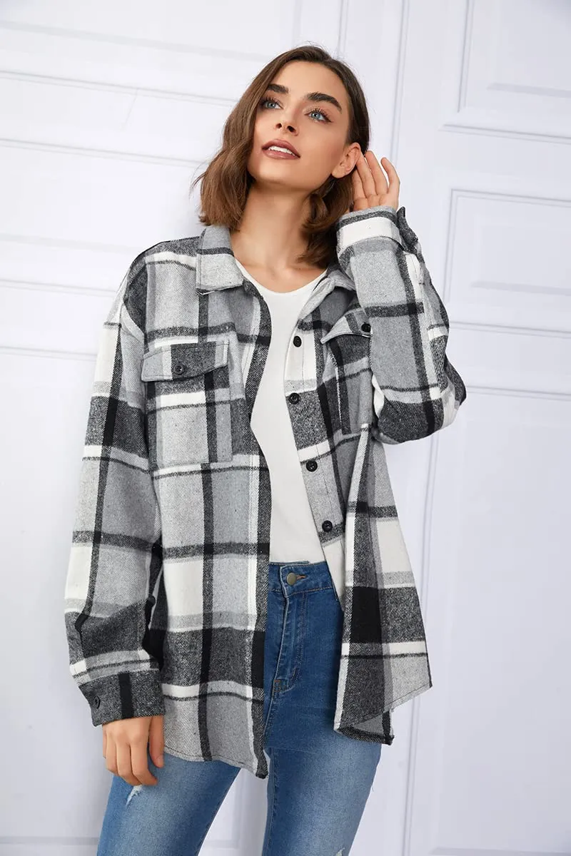 Trendy Queen Womens Flannel Shacket Casual Jacket Plaid Button Down Long Sleeve Shirt Fall Winter Outfits