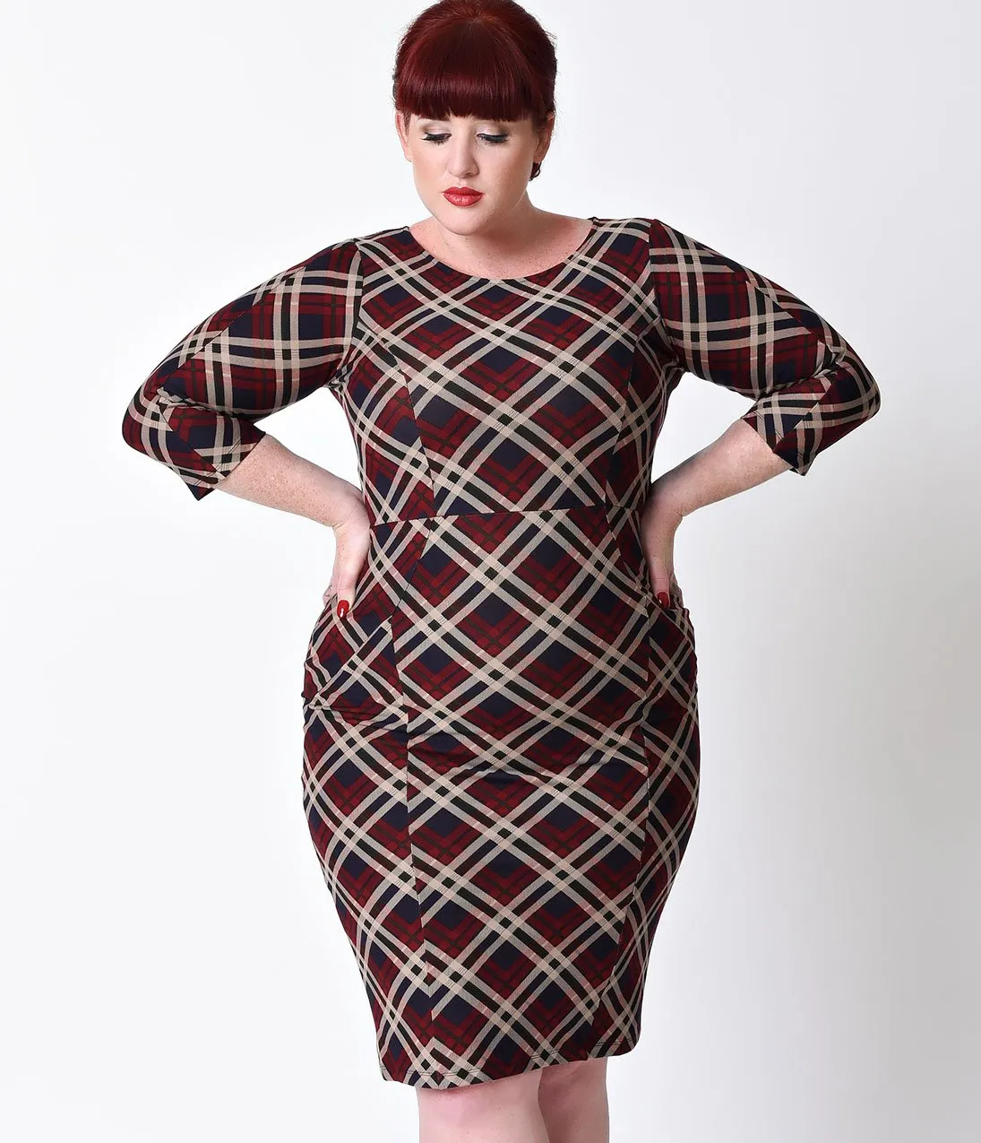 Unique Vintage Plus Size 1960s Style Red Plaid Long Sleeve Mod Wiggle Dress