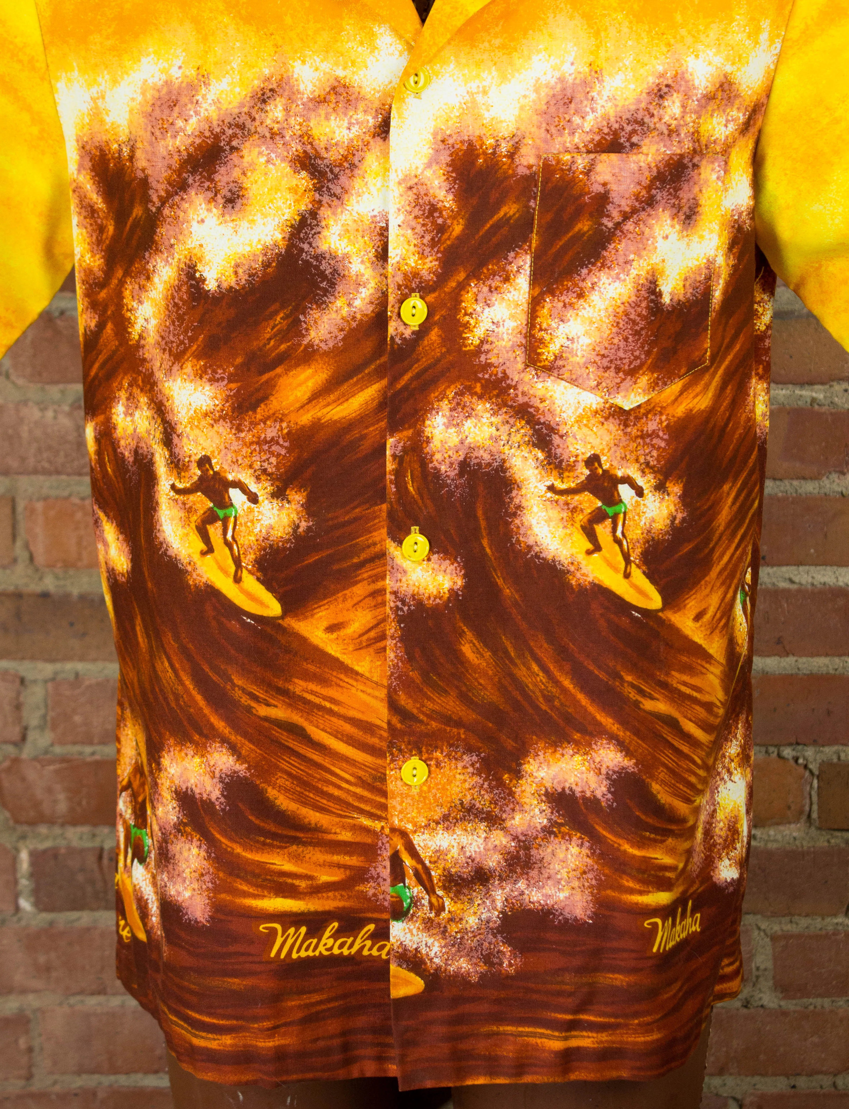 Vintage 70s Makaha Pipeline Surfing Yellow and Brown Hawaiian Shirt Unisex Large